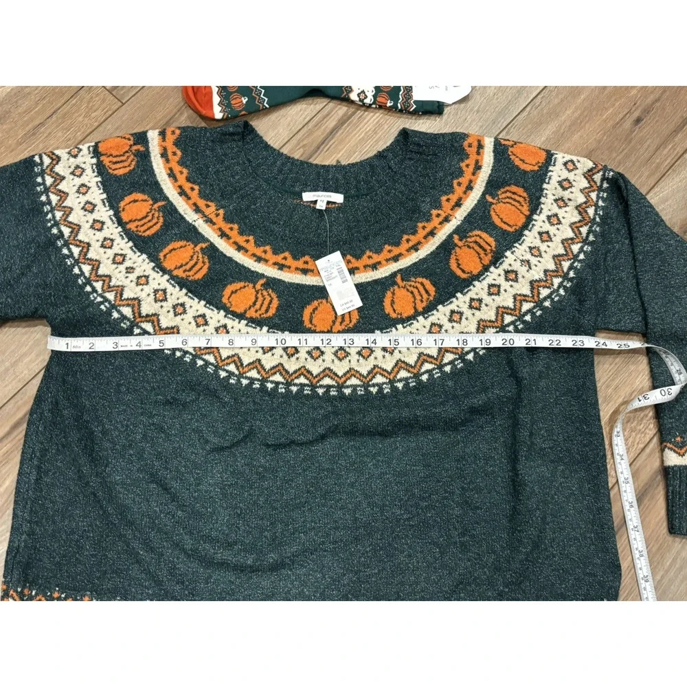 Maurices Cozy Pumpkin Fair Isle Sweater Green and Orange & Socks - Picture 3 of 5